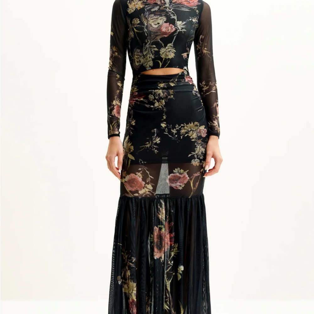 JW PEI Black and Pink Sheath Maxi Dress with Cuffed Sleeves